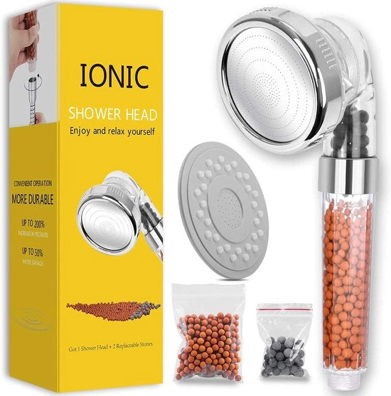 Douchekop con filtro per calcare e ioni, con tre tipi di getto e aumento della pressione per una maggiore pressione d'acqua, regolabile per uso con doccia a pioggia.