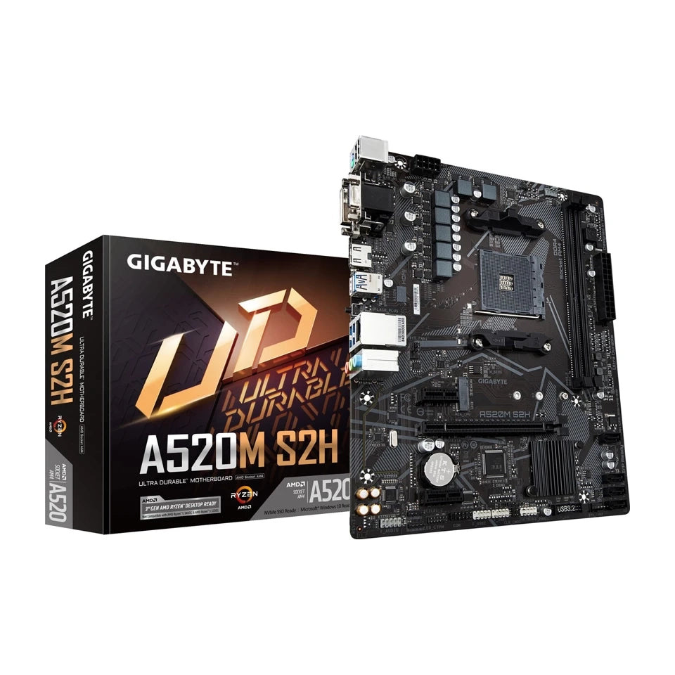 Scheda madre GIGABYTE A520M S2H - Supporta CPU AMD Ryzen 5000 Series AM4, VRM digitale puro 4+3 fasi, fino a 5100MHz DDR4 (OC), M.2 PCIe 3.0 x4, LAN GbE, USB 3.2 Gen 1