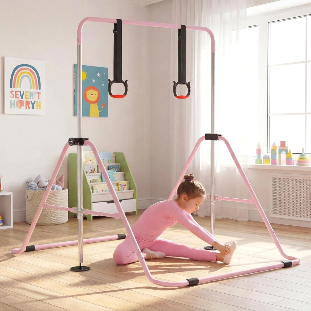 COSTWAY Sbarra Ginnastica Pieghevole per Bambini, Barra Ginnastica per Casa Regolabile a 4 Livelli con Anelli e Cuscinetti Antiscivolo, Attrezzatura Ginnastica per Bambini 3-12 Anni