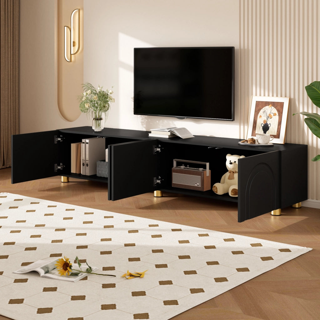 Mobile porta TV con 4 ante e rilievo ad arco, per soggiorno, in MDF e pannello truciolare, nero, 180 × 35 × 40 cm