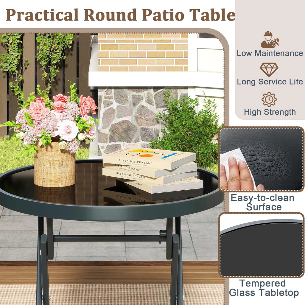 Set da bistrot da 3 pezzi, pieghevole, set da giardino in tessuto tessile con telaio in metallo, set da tavolo in vetro temperato e 2 sedie, set da pranzo per balcone, terreza