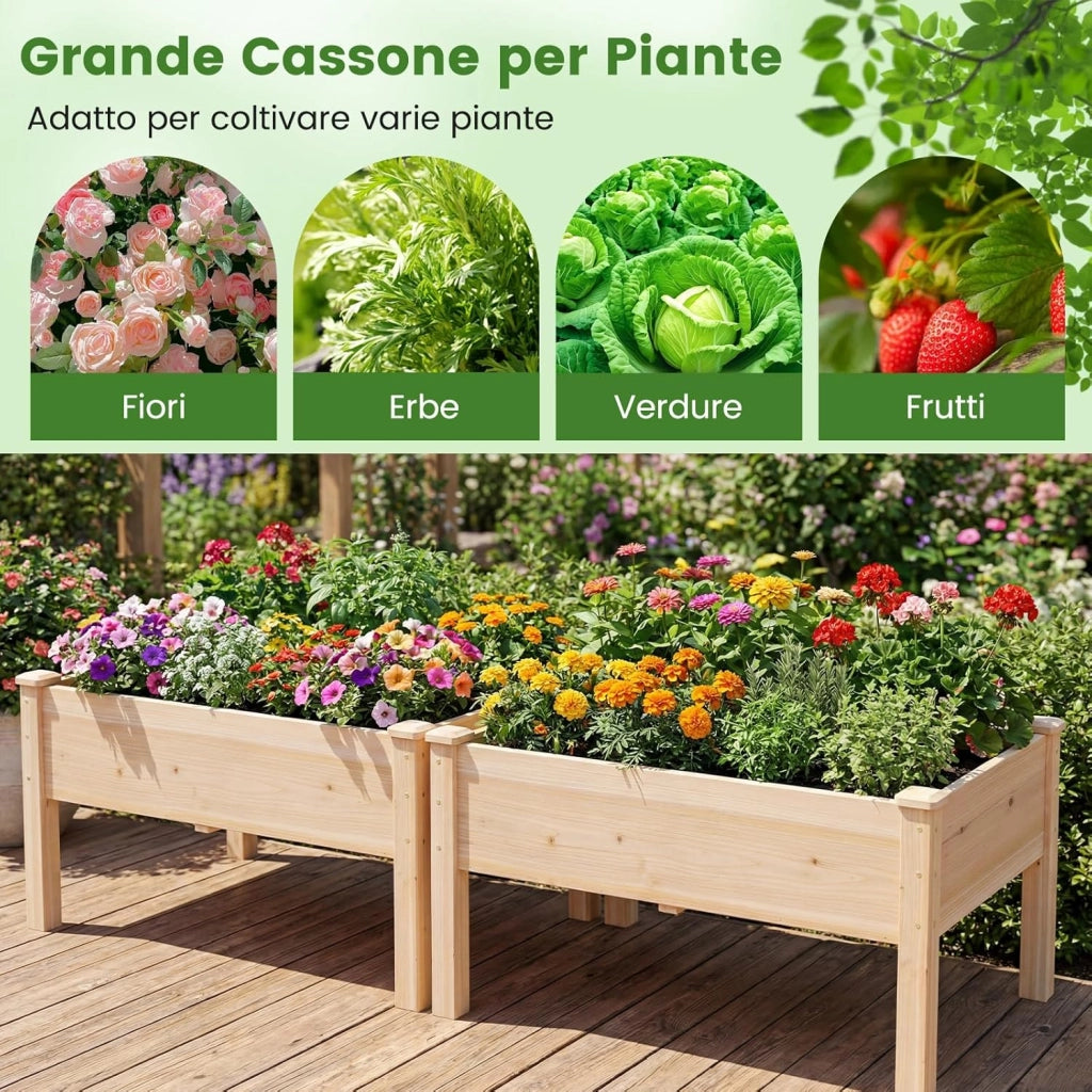 Letto da Giardino Rialzato con Gambe, Fioriera Elevata in Legno di Abete per Verdure, Fiori e Erbe, Aiuola Rialzata da Esterno ed Interno per Balcone, Giardino e Patio (1)