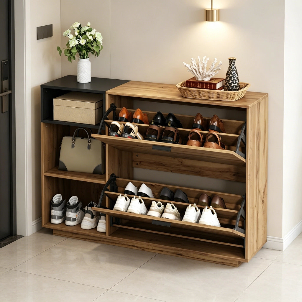 Scarpiera con 2 ante a ribalta e 3 vani aperti - per ingresso - in MDF - 120×32×84.5 cm - naturale
