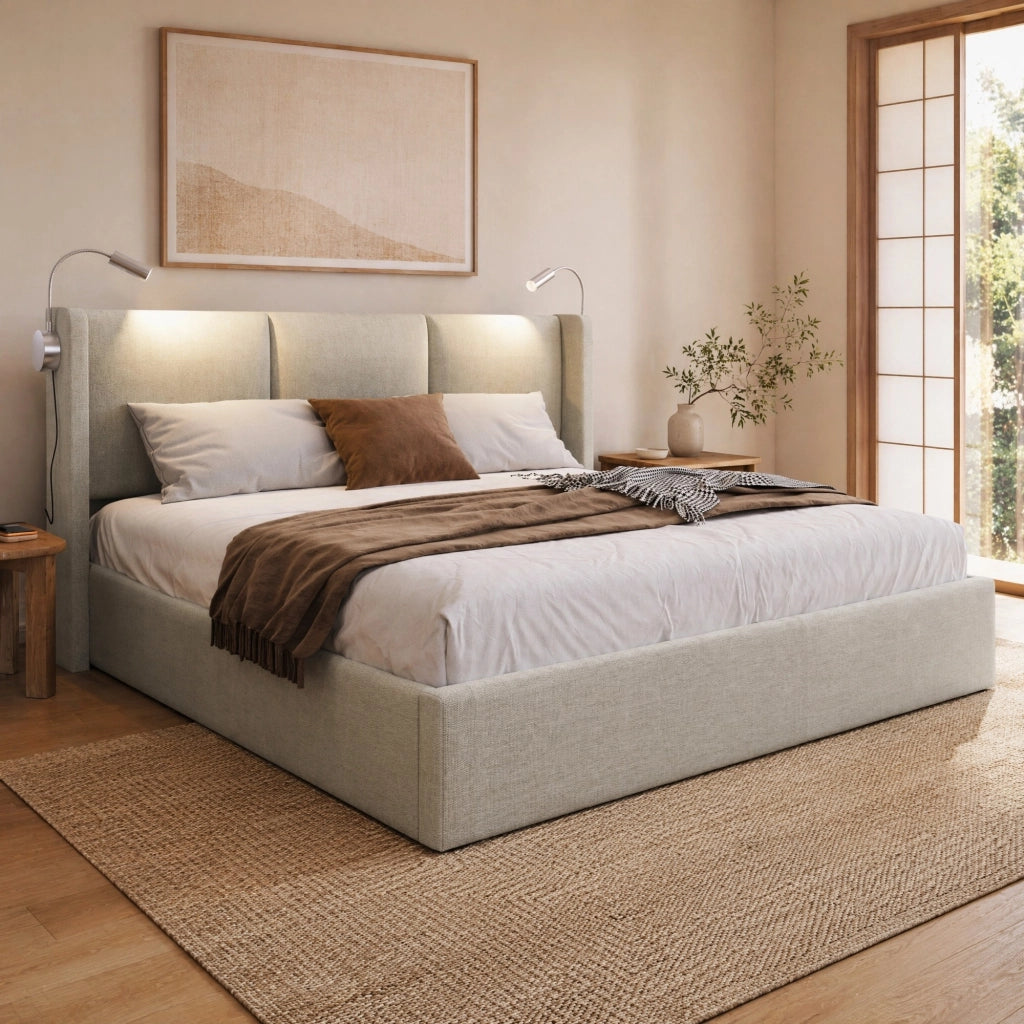Letto matrimoniale imbottito 140x200 con contenitore, lampada da lettura, USB e rete a doghe