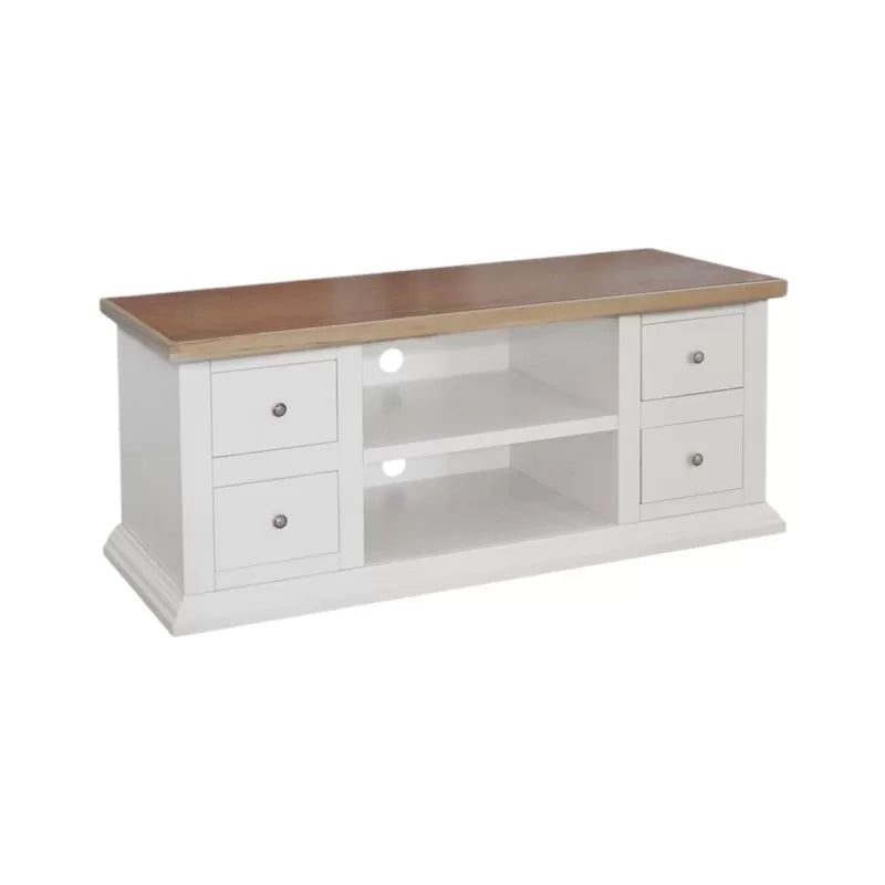 Porta tv 4 cassetti 2 vani a giorno shabby bianco e naturale 120x50x53 - Mobili 2G