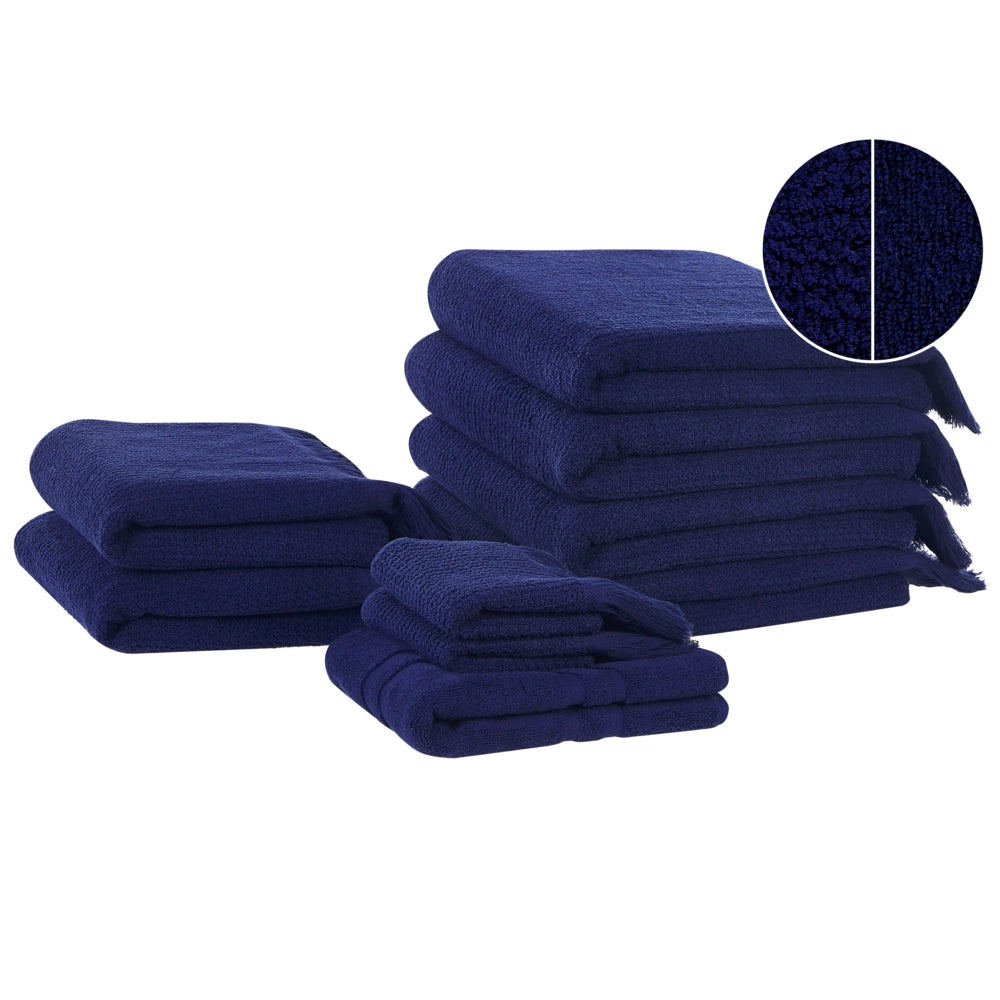 Set di 9 asciugamani bagno in spugna di cotone blu marino con nappe decorative
