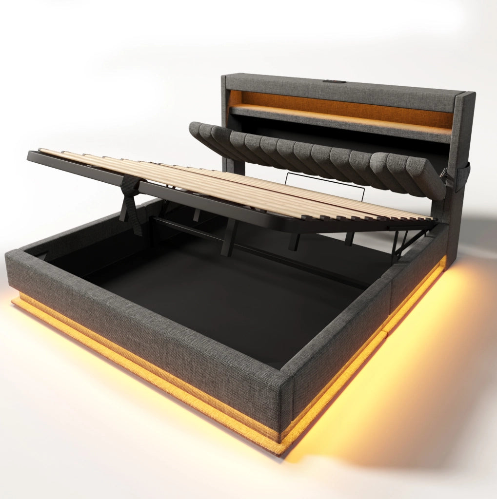 Letto contenitore ULEVR 180x200 cm con LED, 3 USB e Type-C, testiera con ripiani, lino grigio