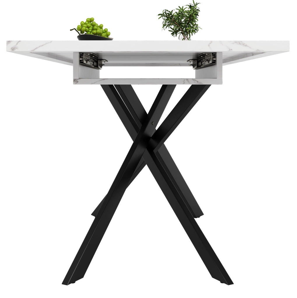 Tavolo da pranzo allungabile 120-160x80x76.5 cm; MDF effetto marmo; gambe in metallo nere