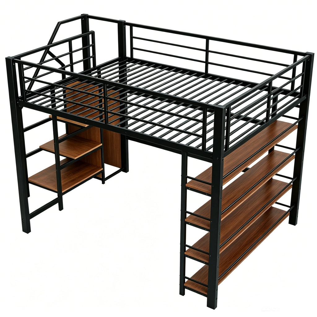 Hochbett 140x200 in metallo con scala contenitore, armadietto e mensole, nero