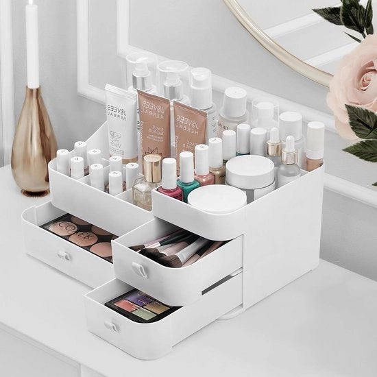 Organizzatore per Cosmetici Grande Bianco - Prodotti per la Cura della Pelle - Vernici da Unghie - Con Compartimenti e 3 Lavelle - Matite, Ombretti, Pennelli, Profumi.