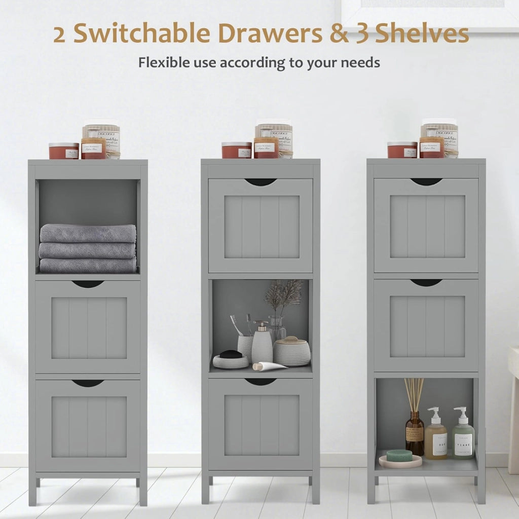 Mobile Bagno Stoccaggio a 3 Livelli, Colonna Bagno Cassettiera Armadio con Mensola Aperta e 2 Cassetti, Armadio su Piede per Soggiorno, Cucina, WC, 30 x 30 x 90 cm (Grigio)