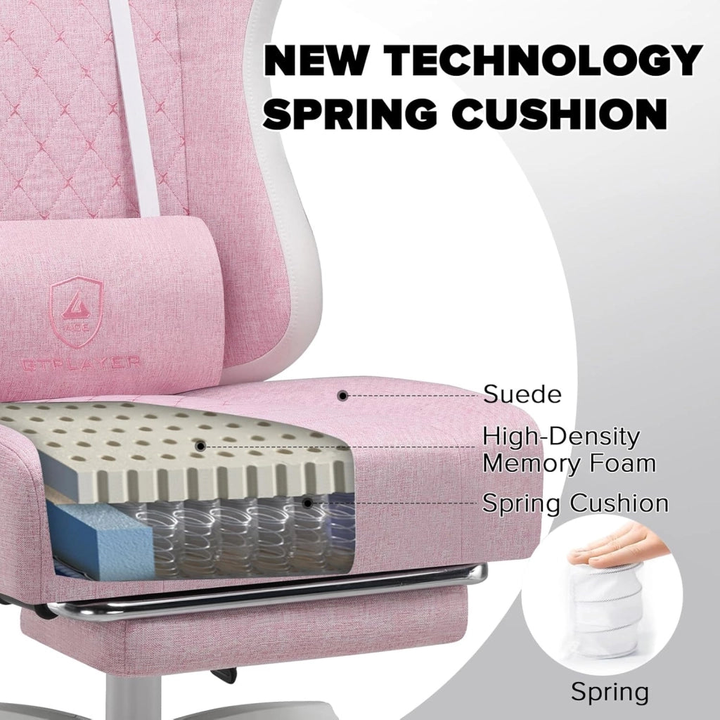 Sedia da gaming, ergonomica, da scrivania, con superficie in tessuto, cuscino a molla, braccioli di collegamento e poggiapiedi, bianco-rosa