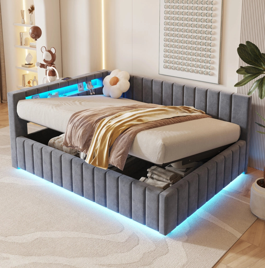 Letto imbottito 140x200 con contenitore idraulico; LED; USB e rete a doghe; grigio