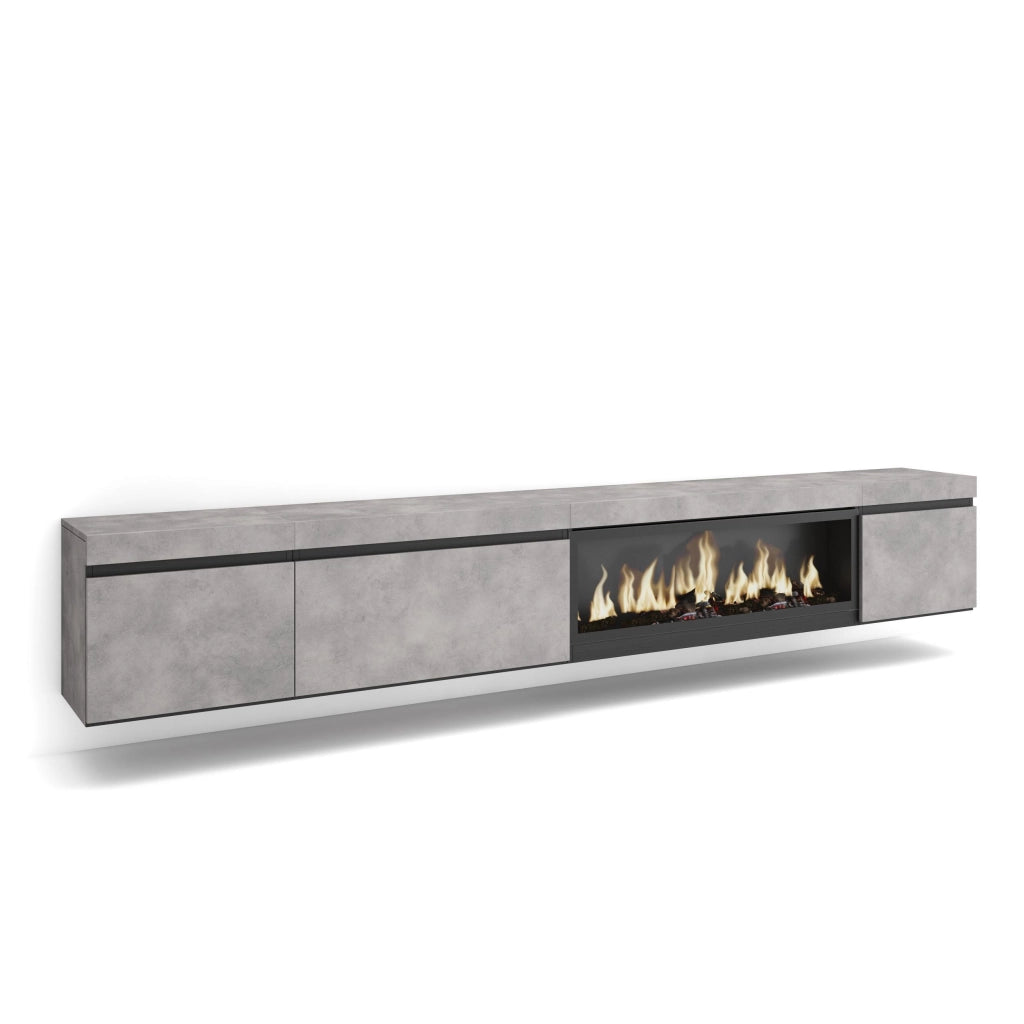 Mobile TV Soggiorno, 288x35x45cm, TV di grande formato, Camino elettrico XXL, da appendere, grigio cemento RF3619
