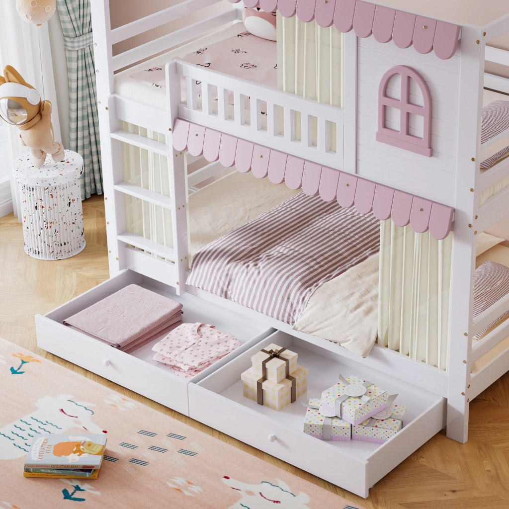 Letto a Castello 90x200 cm; 2 Posti; con Cassetti; Mensole e Scala; in Legno; Bianco Rosa