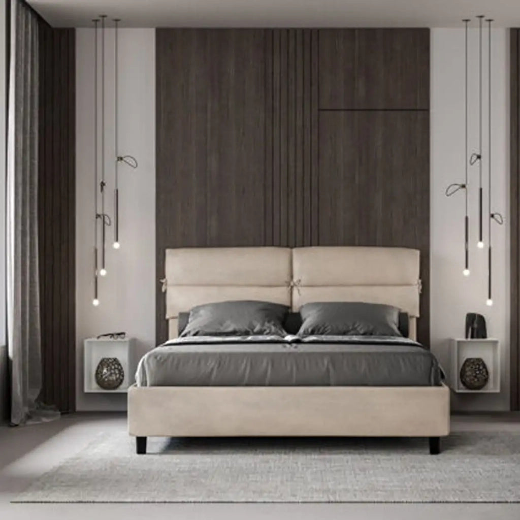 Letto matrimoniale con rete imbottito 160x210 microfibra sabbia Nandy