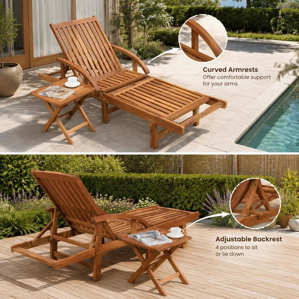 Sun Lounger With Table, Solid Acacia Wood