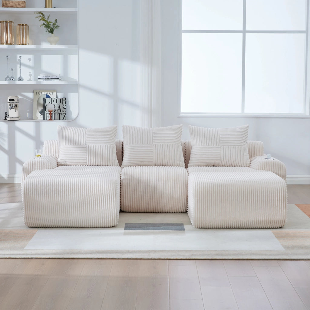Divano modulare 3 posti con portabicchieri e tasca laterale in tessuto corduroy beige 268 × 174 × 66 cm