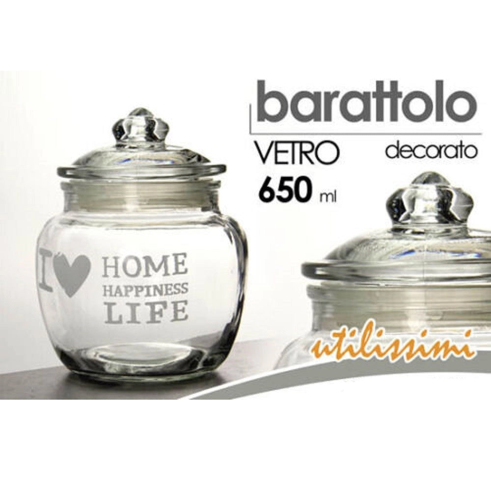 Trade Shop - Barattolo Ermetico In Vetro Contenitore Cucina Coperchio 650ml Decorato 652639 -