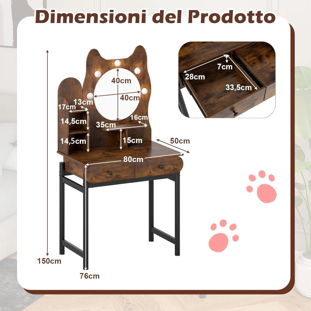 Toeletta da Trucco con Luci, Tavolo Trucco a Forma di Gattino, Illuminazione Regolabile a 3 Modalità, Scaffali Aperti e 2 Cassetti, Stazione di Ricarica Integrata (Marrone)