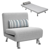 Poltrona Letto Singolo 3 in 1 con Schienale Reclinabile su 5 Livelli, Cuscino Imbottito e Materasso, Divano Letto Singolo Pieghevole per Soggiorno, in Acciaio e Lino, 75x70x75cm, Grigio Chiaro
