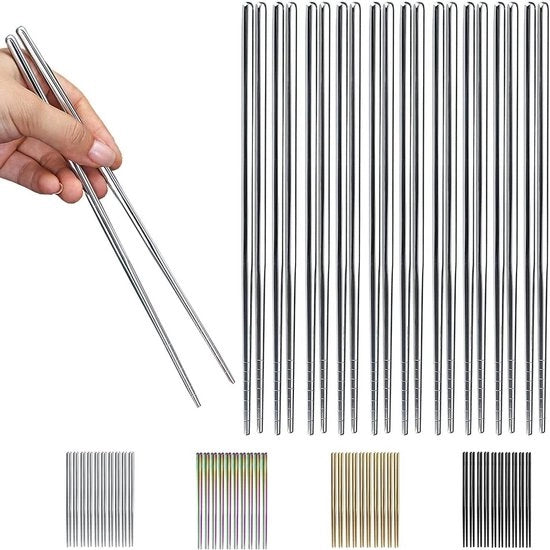 Set di Spiedini in Acciaio Inossidabile Riciclabili - Cucina Giapponese Cinese Coreana - Resistenti al Lavastoviglie - 10 Paia - 22,5 cm - Argento