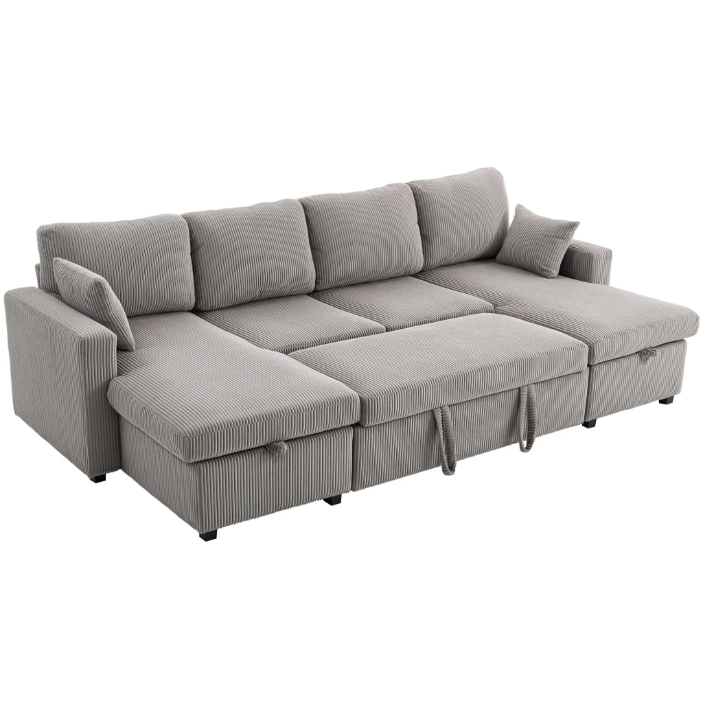 Divano Letto Moderno a U con 2 Chaise Longue e Vani Contenitore, Velluto a Coste, 282x140x86 cm, Grigio