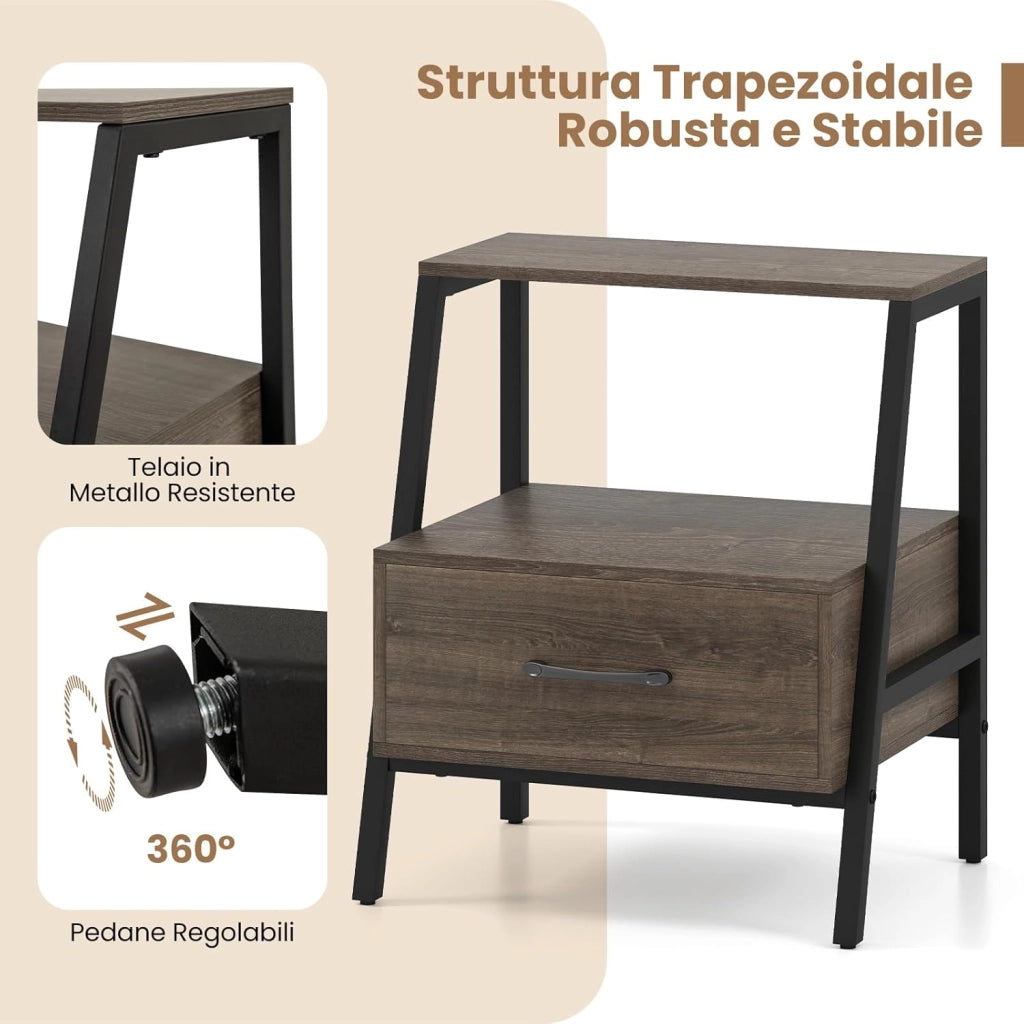 Comodino Moderno 45 x 35 x 52,5 cm, Tavolino da Letto a 3 Livelli con Ripiano Aperto e Telaio in Metallo Robusto per Camera da Letto, Ufficio e Soggiorno, Grigio