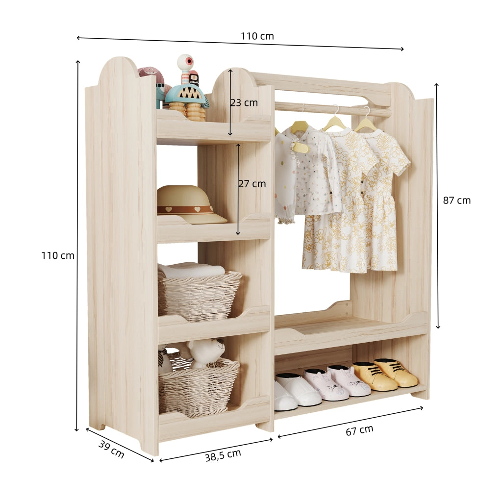 Armadio modulare aperto per bambini con asta appendiabiti e 4 ripiani, in MDF, naturale, 110 × 39 × 110 cm