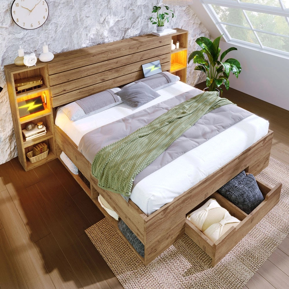 Letto Contenitore Matrimoniale in Legno con LED e Cassetti ¨C MINIMAL ¨C Rovere 160x200