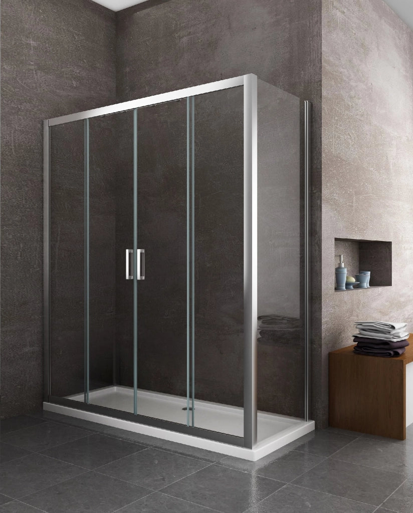 Box doccia 6 mm H 190 parete fissa e porta a 4 ante con apertura centrale MISURA 77,5-80 ANTA FISSA + PORTA 168-173