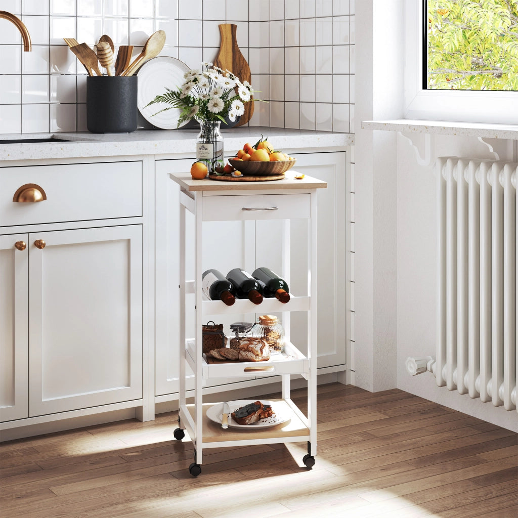 Carrello da cucina con ruote ¨C Xylo ¨C 2 ripiani + vassoio rimovibile + cassetto legno pino bianco rovere