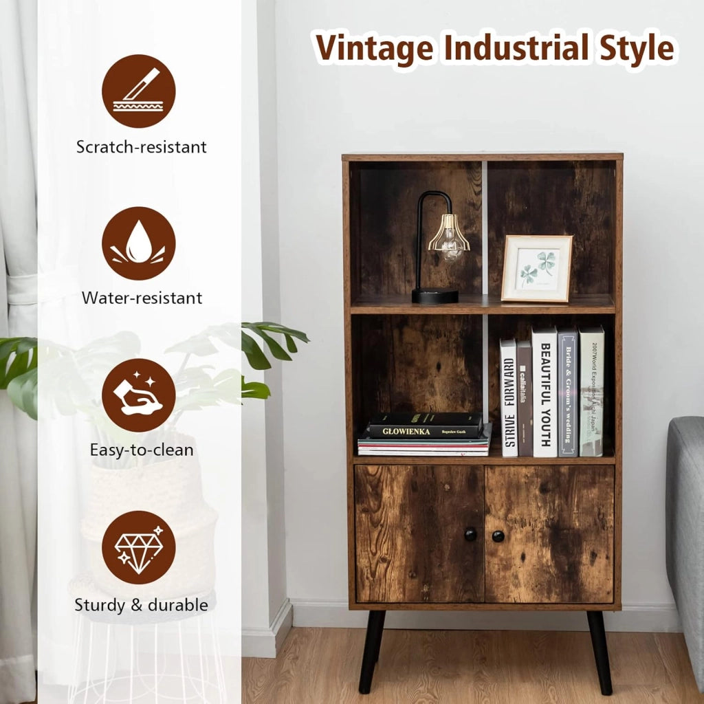Libreria con 2 Ante a 3 Livelli, Scaffale per Libri, Credenza da Terra, Gambe Alte in Legno di Pino, Stile Vintage, Ideale per Soggiorno, Studio, Portata Massima 50 kg, 60x30x120 cm