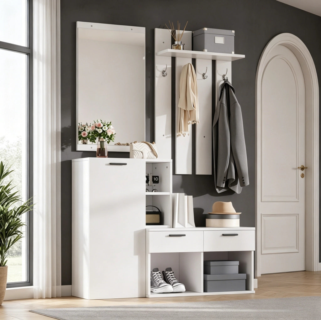 Mobile ingresso con specchio, scarpiera e appendiabiti in MDF bianco per ordine salvaspazio