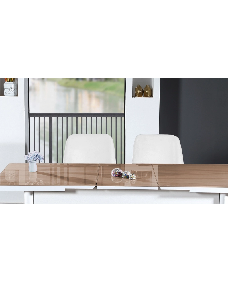 Tavolo da sala bianco allungabile in vetro temperato marrone 130-170cm con 4 sedie e cuscini Sicorage LEGRES