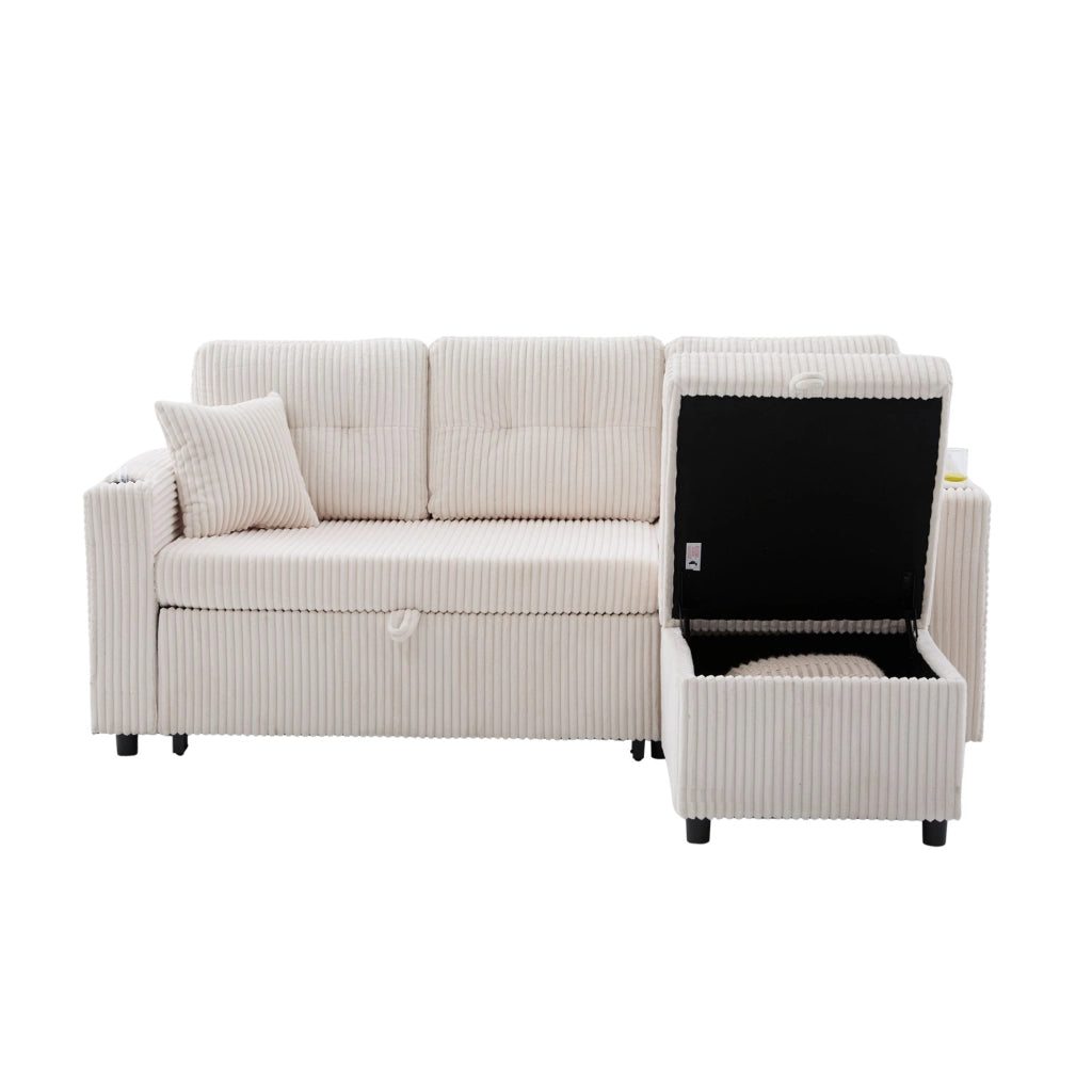 Divano letto estraibile in velluto a coste beige con contenitore; LED e USB-C