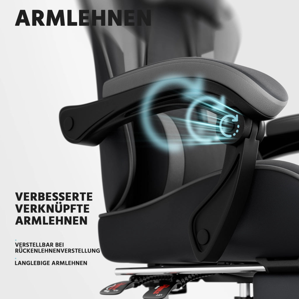 Sedia da ufficio gaming ergonomica con supporto lombare e poggiapiedi retrattile in PVC nero e grigio