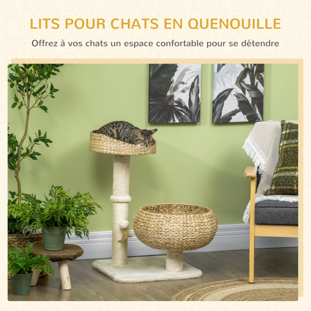 Tiragraffi per gatti a 2 livelli con palla sospesa ¨C zephmum ¨C grigio, sisal, 72x40x40 cm