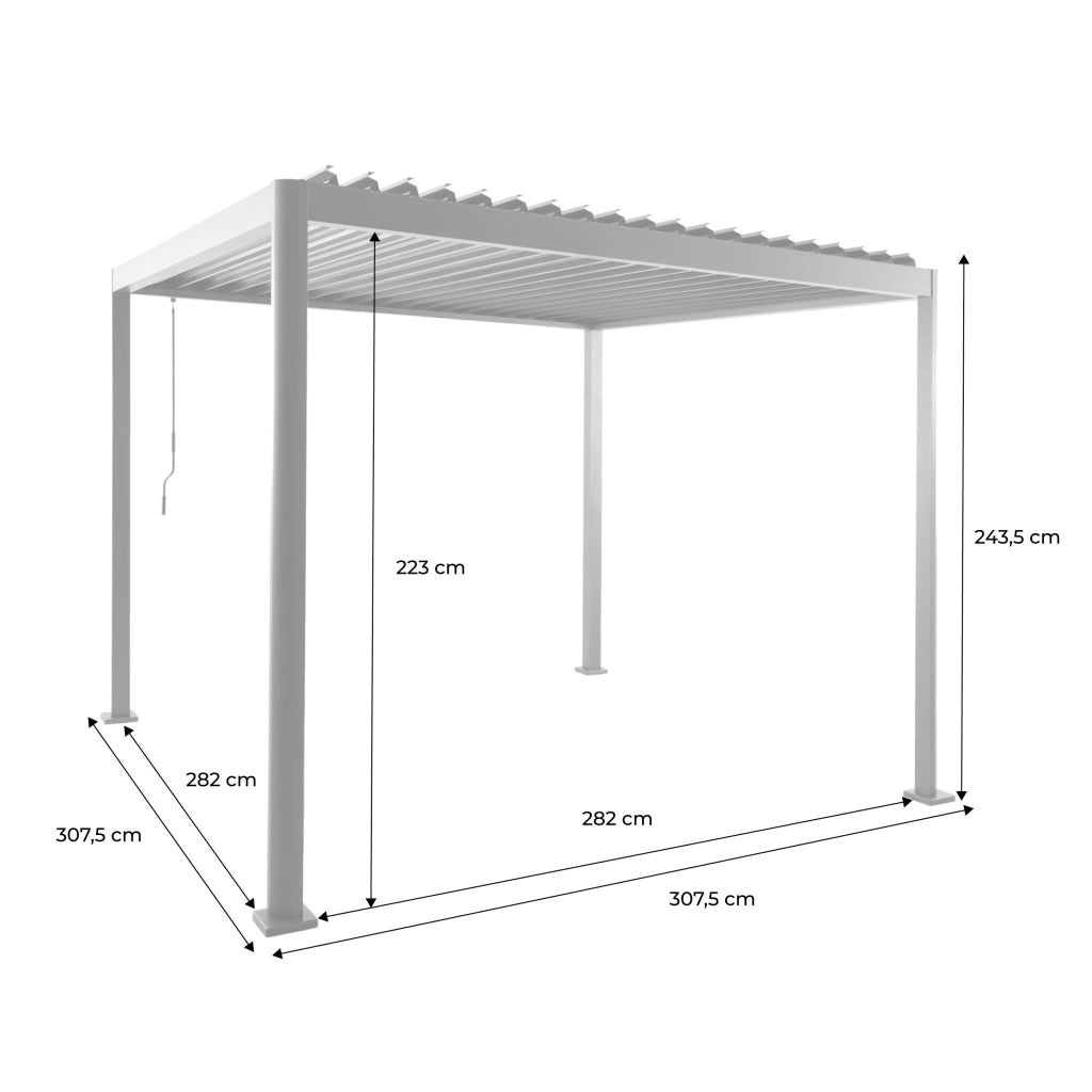 Pergola bioclimatica 3x3 con piedini arrotondati in alluminio e