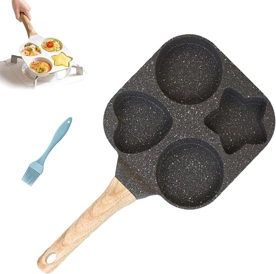 Piatto da Frittura a 4 Anticongelatori - Piatto Comune Rivestito in Pietra con Maniglia Termoresistente, Padella per Uova, Panini, Hamburger o Pancetta (Nero)