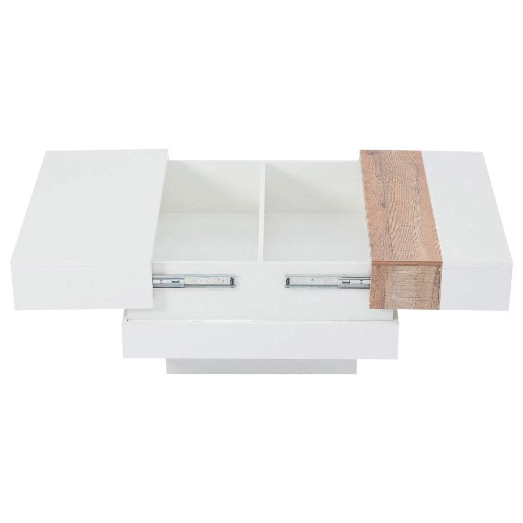 Tavolino Da Salotto Quadrato con Piano Scorrevole; Vano Contenitore Nascosto a 2 Scomparti; Bianco Lucido; in Pannello Truciolare; 70×70×39 cm