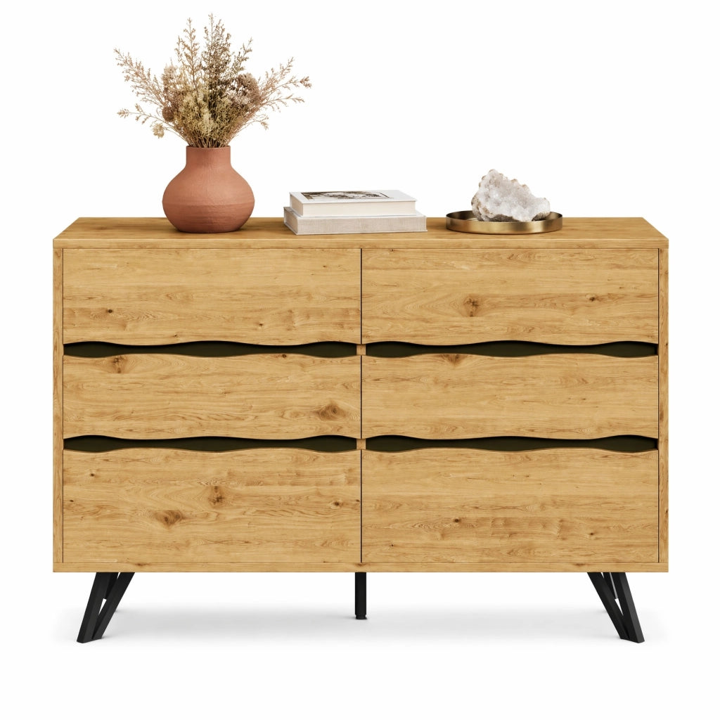 Credenza moderna con 6 cassetti, effetto legno e piedi in metallo