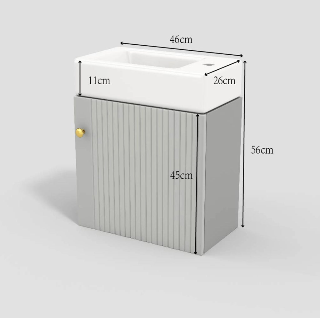 Mobile bagno sospeso con lavabo in ceramica, grigio e bianco