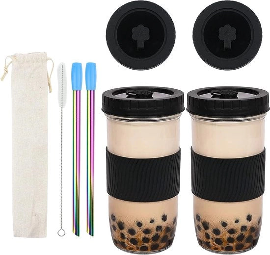 Bicchiere con seta, 730 ml, bicchiere con 2 coperchi e seta, bicchiere per smoothie riciclabile, bicchiere per bere, set per zucchero, bicchieri per cocktail da bere (nero)