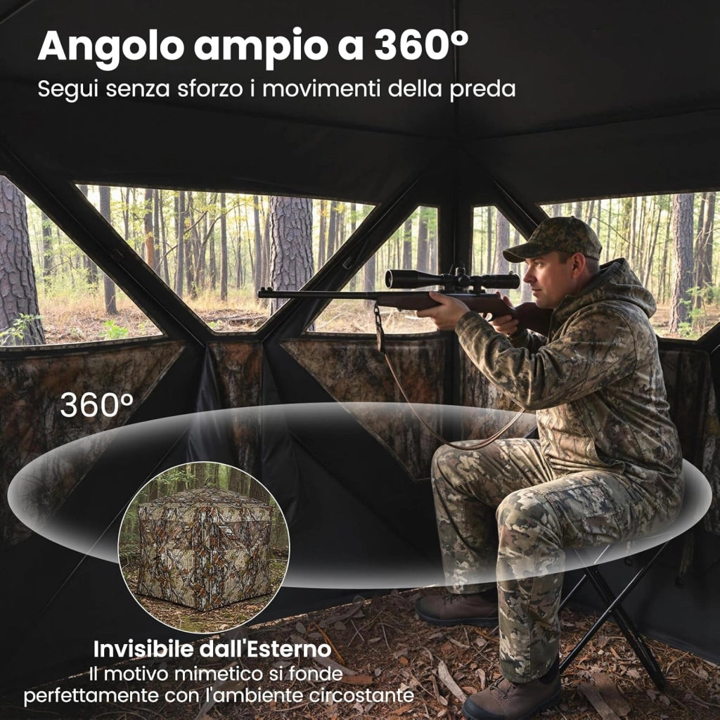 Tenda da Caccia Portatile per 4 Persone, Tenda Pop-Up Camouflage con Finestre Silenziose, Porta Apribile, Pannelli di Sicurezza Rimovibili e Borsa da Trasporto, 140 x 140 x 176 cm