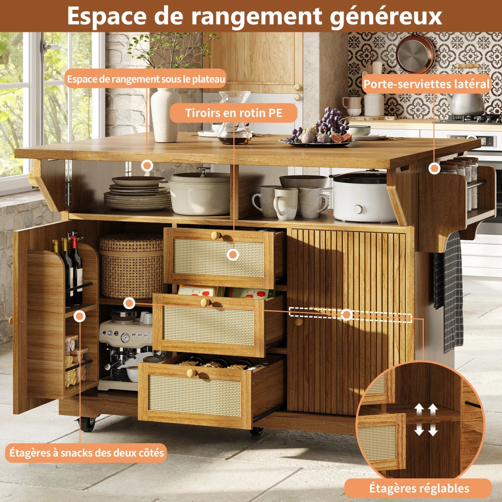 Carrello da cucina con 2 prolunghe ribaltabili; vani nascosti; cassetti in rattan PE; per cucina e balcone; 142.5 × 80 × 95 cm