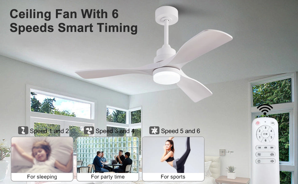 Ventilatore da soffitto bianco moderno 42 pollici con luce e telecomando, bestseller, design elegante, motore DC silenzioso reversibile