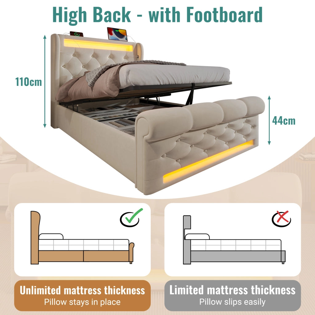 LETTO Imbottito con LED e USB/Type-C 90x200 cm Velluto Beige