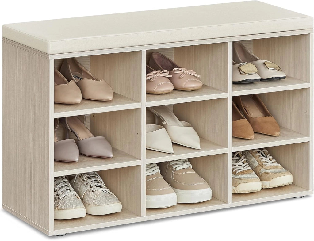 VASAGLE Panca Scarpiera, Scarpiera Ingresso con Seduta Imbottita e 15 Scomparti, Scaffale Porta Scarpe da Ingresso, 30 x 105 x 48 cm, Bianco e Grigio LHS15WT