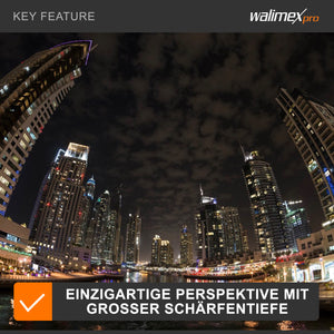 Walimex Pro 12mm 1:3.1 Fish-Eye VCSC per obiettivo Canon EF con baionetta nera (messa a fuoco manuale, calcolato per il sensore full-frame, regolazione continua dell'apertura, con paraluce rimovibile)